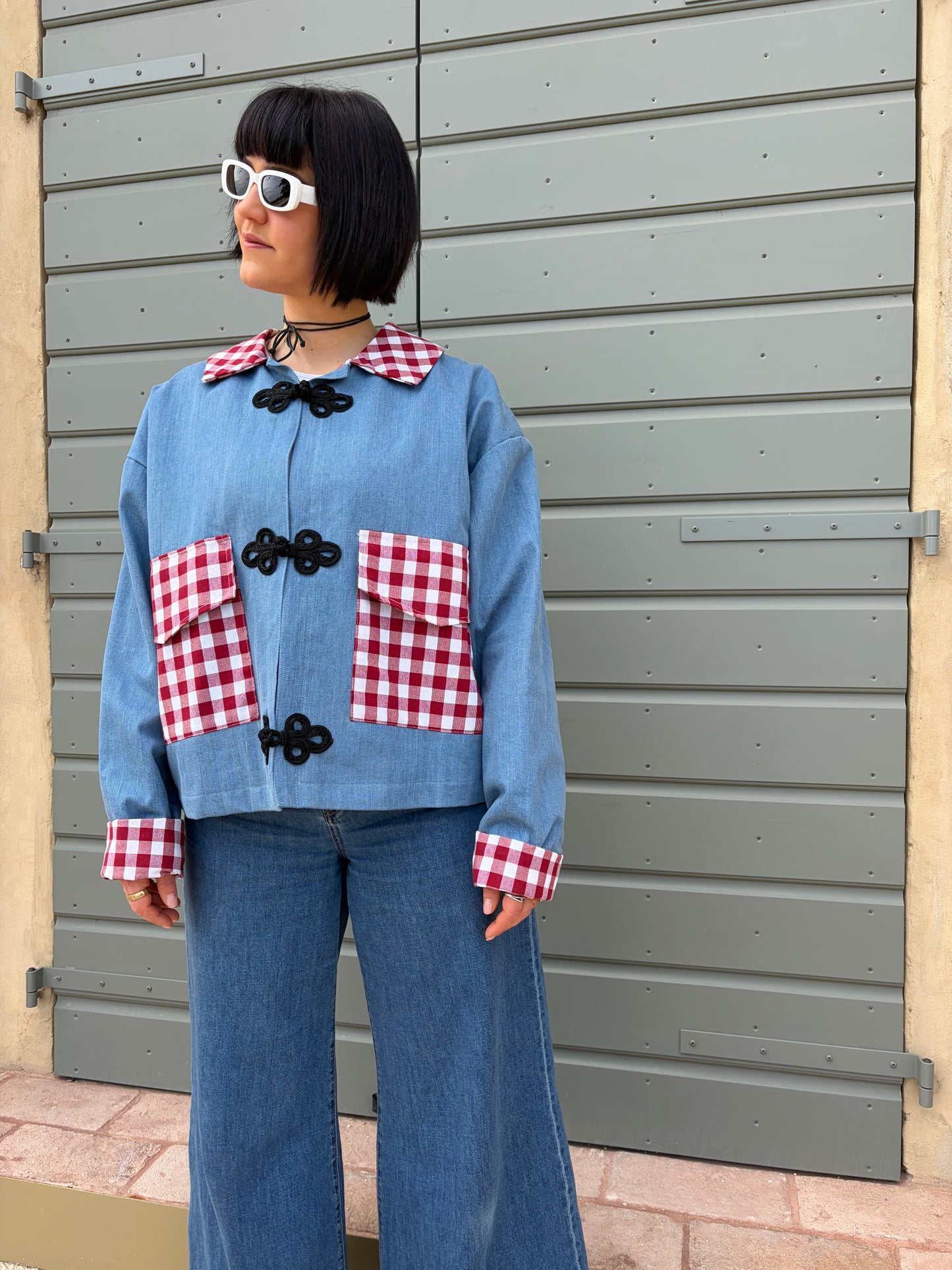 Collezione Macedonia linea sartoriale denim Vichy bianco rosso