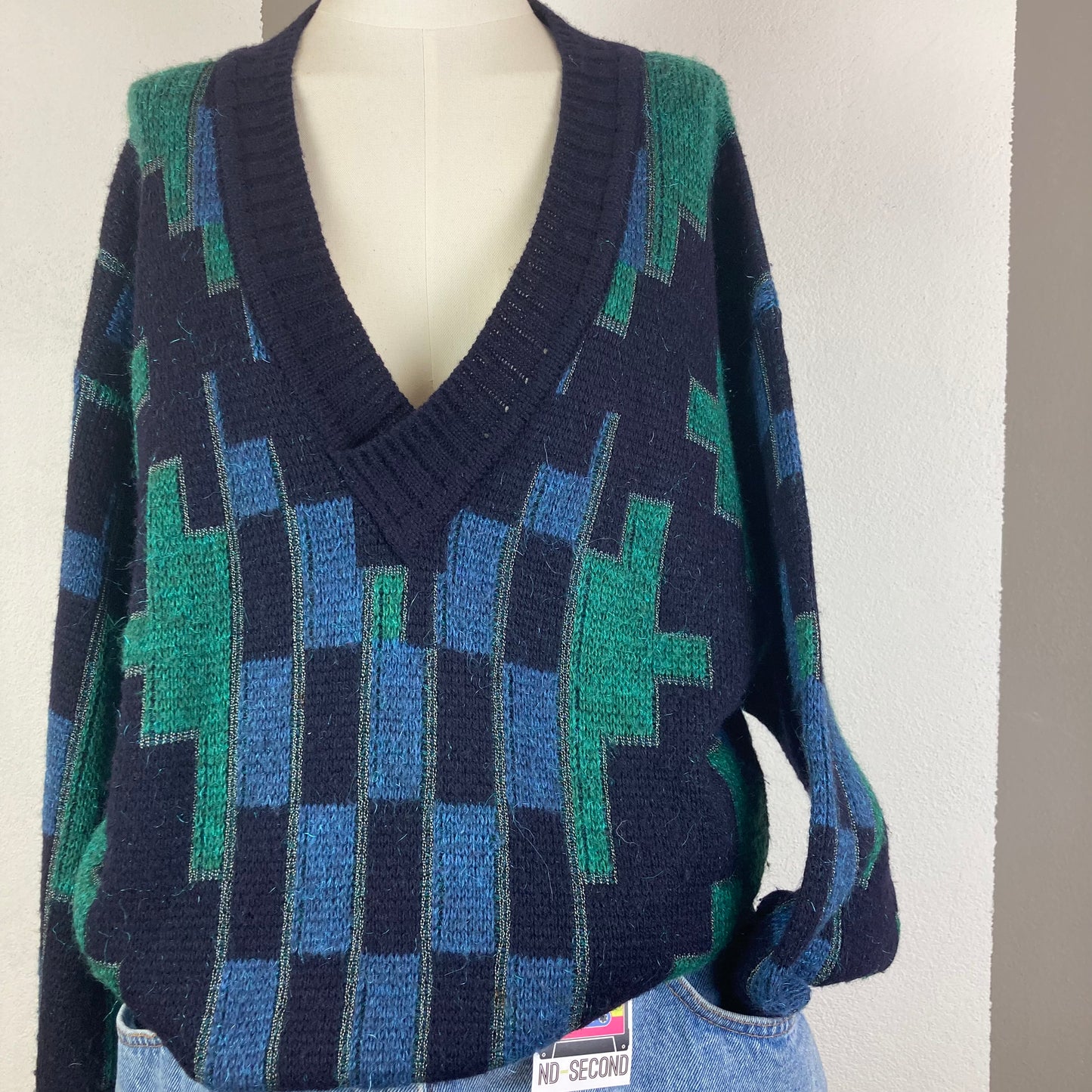 MAGLIONE VINTAGE SCOLLO A V VERDE/BLU