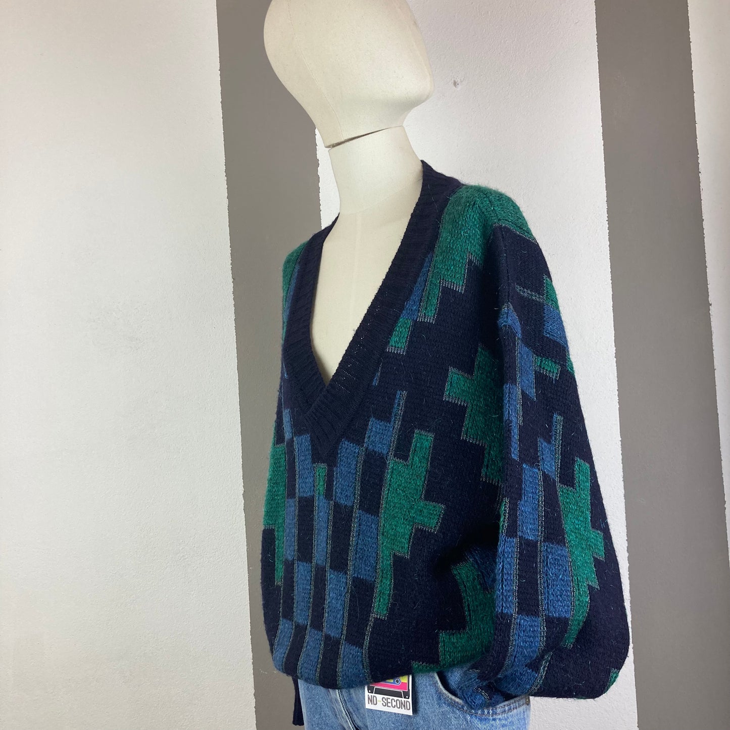 MAGLIONE VINTAGE SCOLLO A V VERDE/BLU