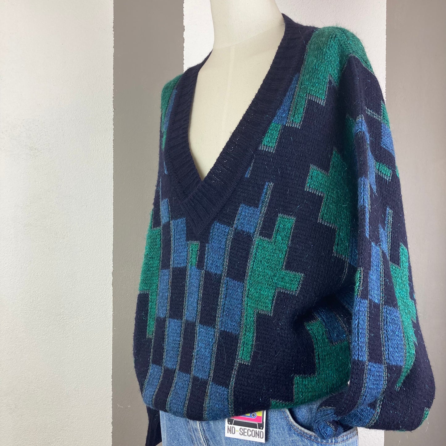 MAGLIONE VINTAGE SCOLLO A V VERDE/BLU