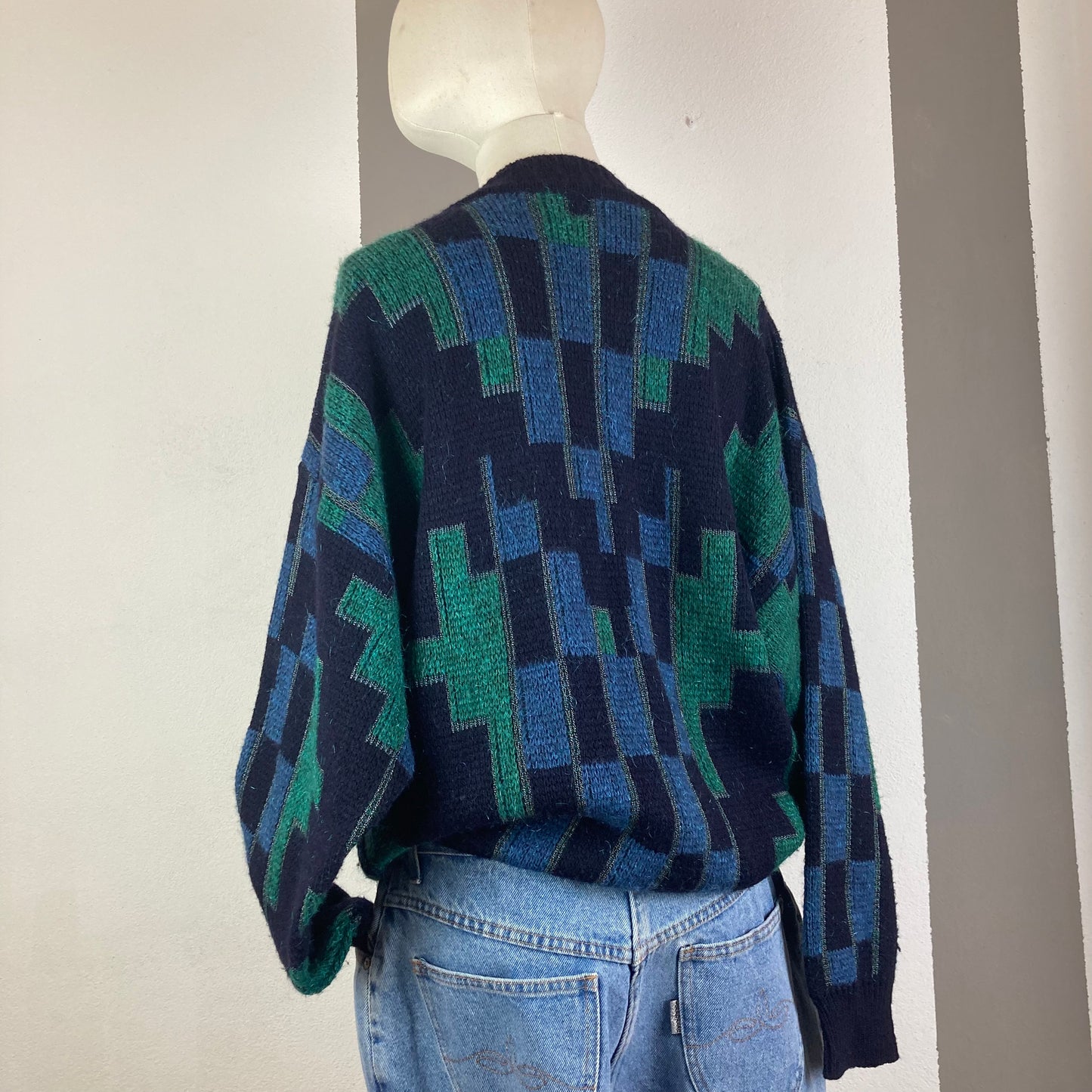 MAGLIONE VINTAGE SCOLLO A V VERDE/BLU