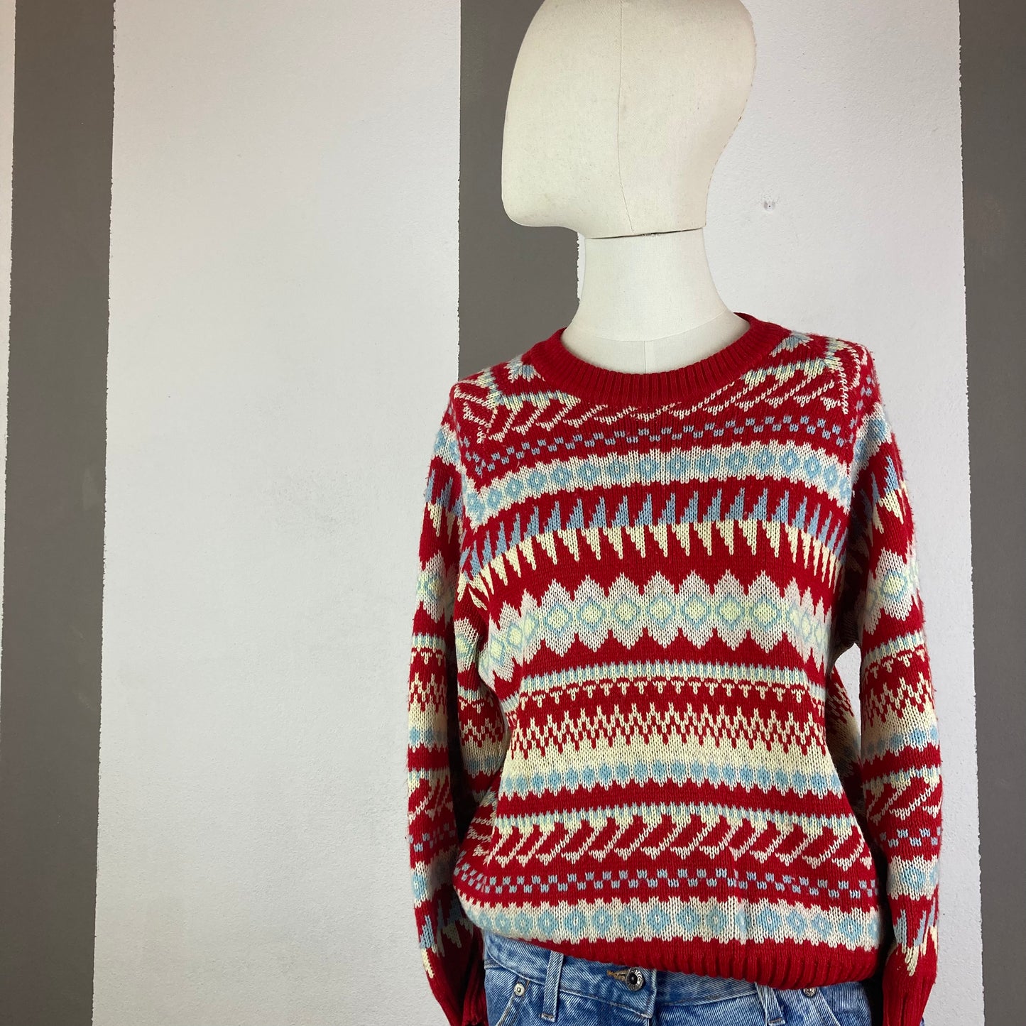 MAGLIONE VINTAGE PATTERN GEOMETRICO ROSSO/BIANCO