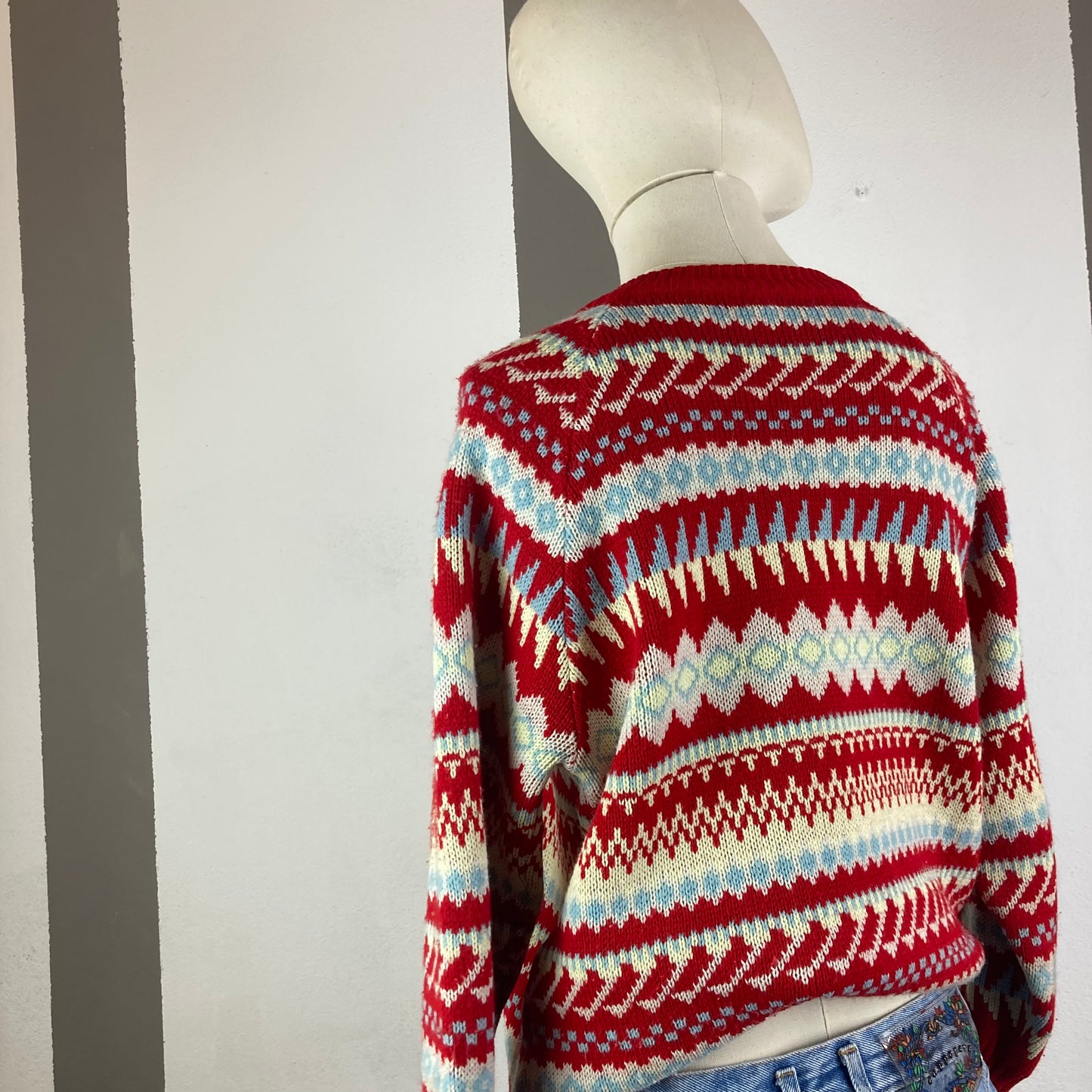 MAGLIONE VINTAGE PATTERN GEOMETRICO ROSSO/BIANCO