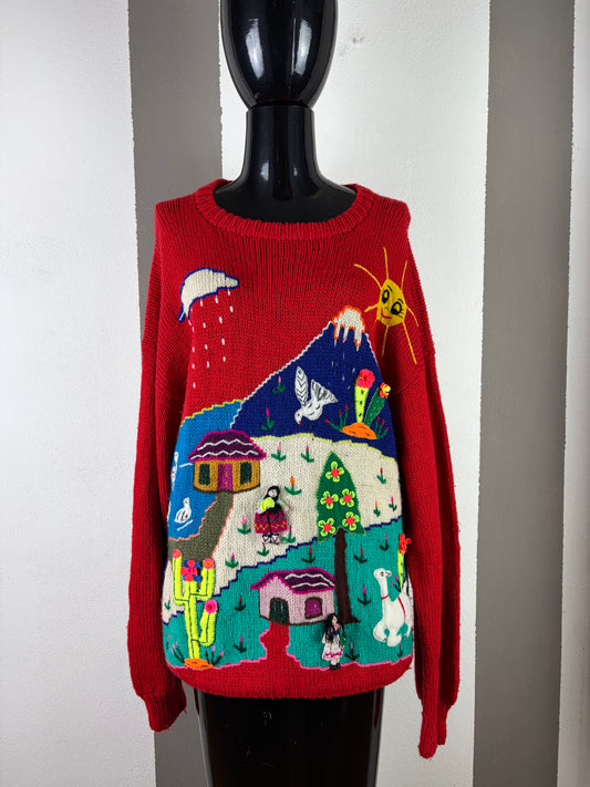 MAGLIONE RAQUEL COLOR ROSSO CON RICAMI SIMPATICI